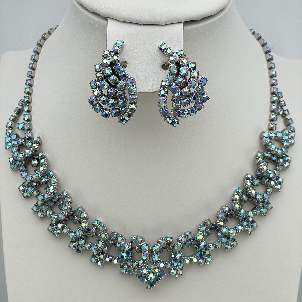 Amazing Stunning Vintage Necklace Earrings Set Blue AB Crystal Rhinestones